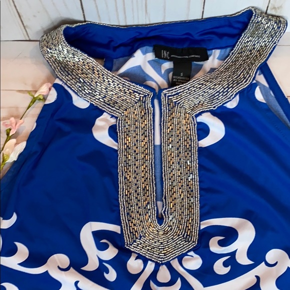 INC BLUE & SILVER BEADED HALTER STYLE TANK SIZE S - Picture 2 of 4